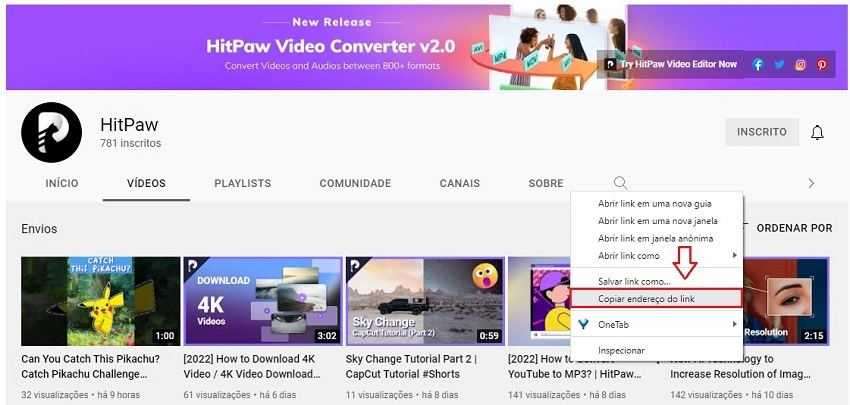 copiar endereco do link do youtube