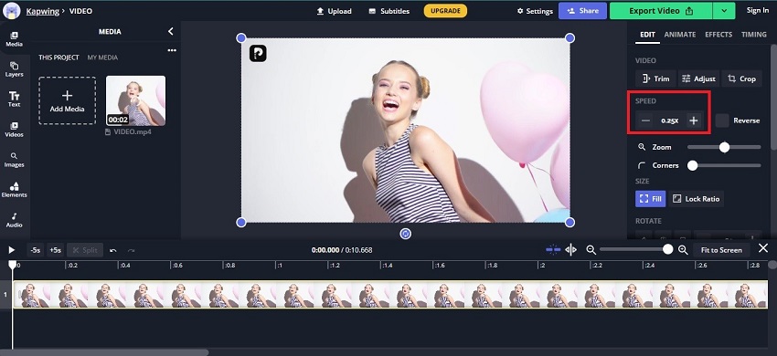 desacelerar video online com kapwing